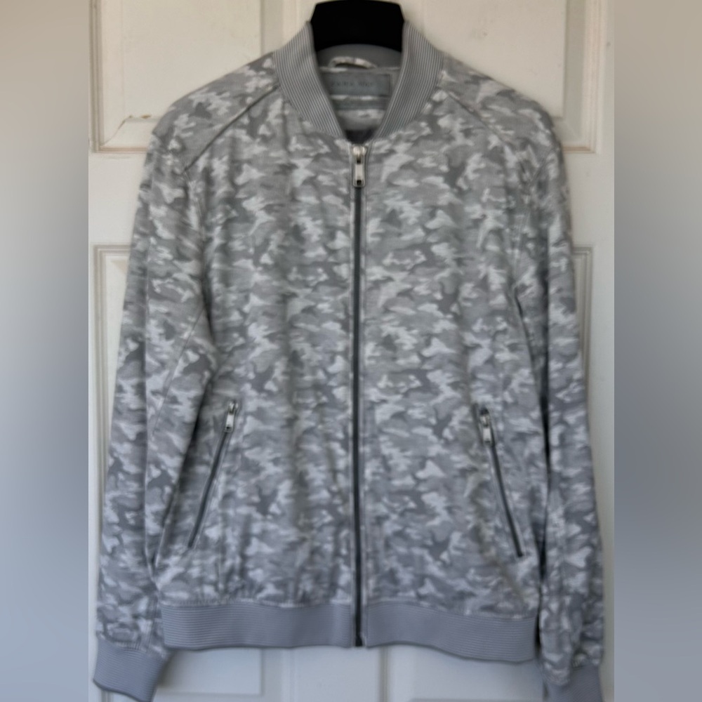 Zara Man Gray Camouflage Bomber‎ Jacket Zip Front Size Large